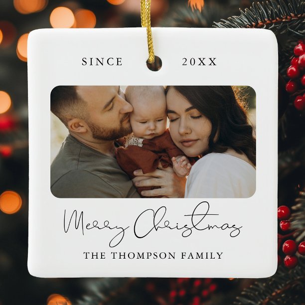 Modern Script Elegant Merry Christmas Photo Ceramic Ornament