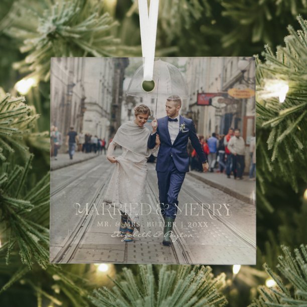 Mr. & Mrs. Married & Merry First Christmas Photo Glass Ornament
