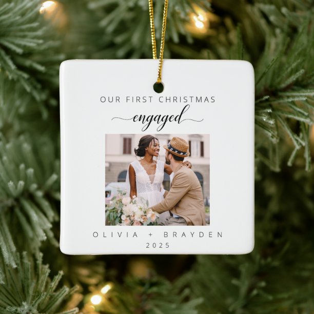 Our First Christmas As Engaged Photo Minimalist Ceramic Ornament