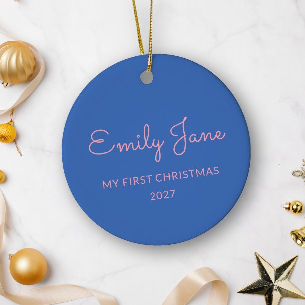 Personalized First Christmas Baby Photo Name Blue Ceramic Ornament