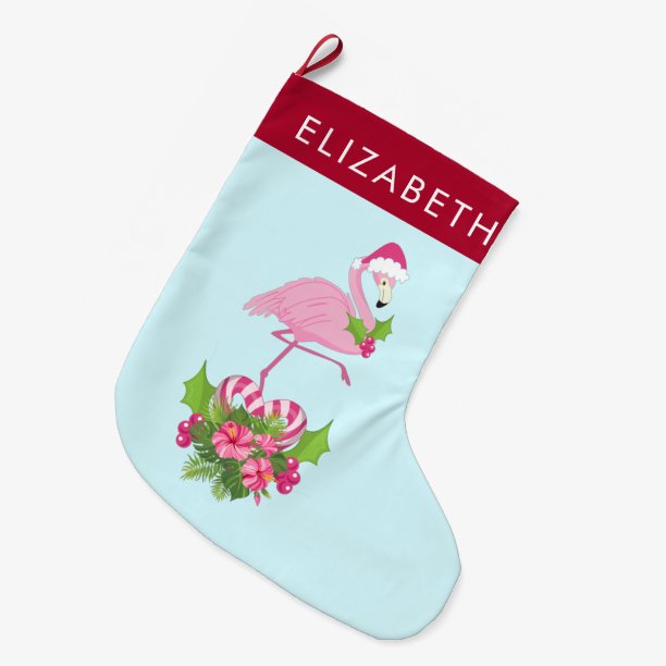 Pink Flamingo in Santa Hat with Candy Cane Bouquet Large Christmas Stocking