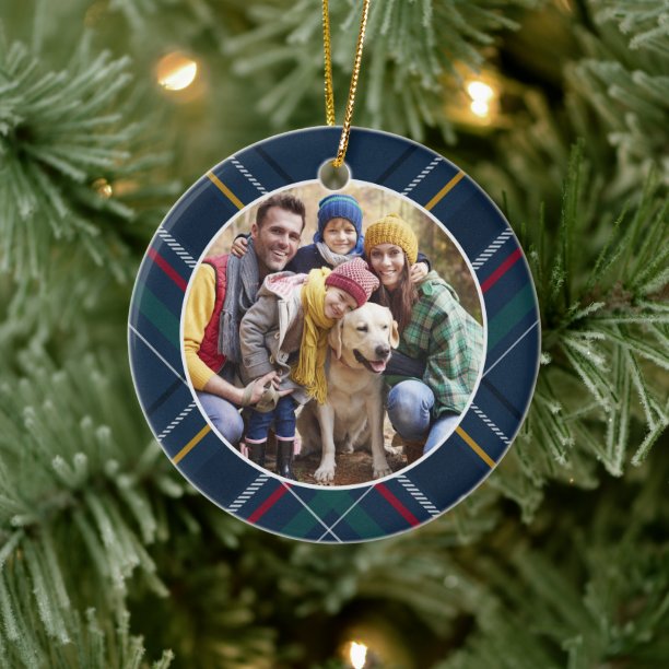 Plaid frame family photo personalized Christmas Ceramic Ornament