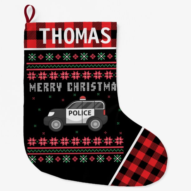 Police Car Ugly Christmas Sweater Red Plaid Large Christmas Stocking