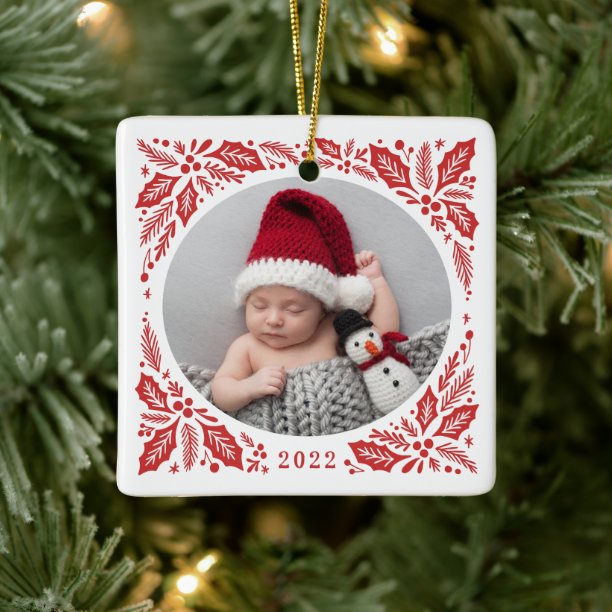 Red Holly 2 Photo with Year Christmas Ceramic Ornament