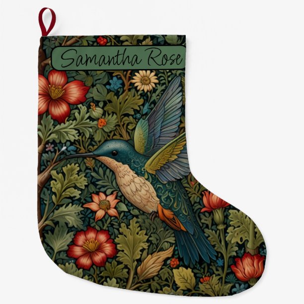 Retro vintage art nouveau hummingbird large christmas stocking