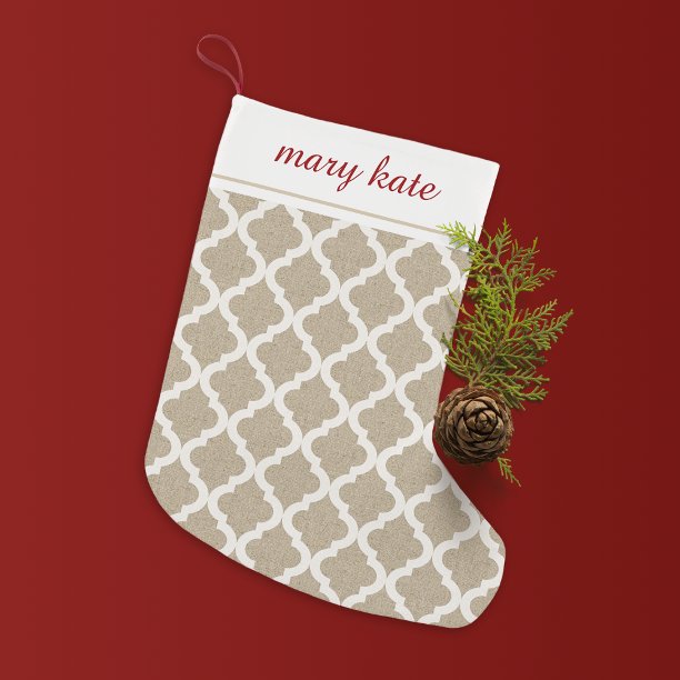 Rustic Faux Burlap and White Moroccan Quatrefoil Small Christmas Stocking
