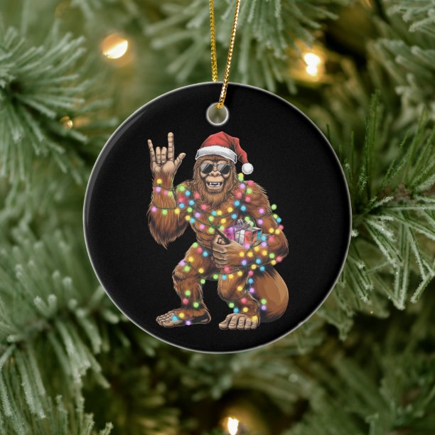 Santa Bigfoot Christmas Lights Rock Funny Ceramic Ornament