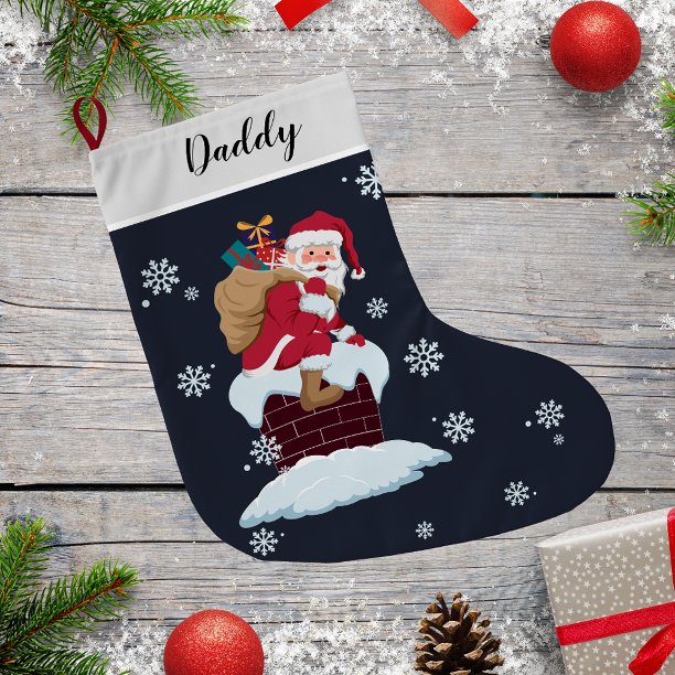 Santa on Roof Top Chimney Custom Family Snowflakes Large Christmas Stocking