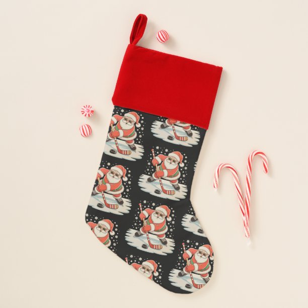 Santa Playing Ice Hockey Christmas Xmas Sport Stocking