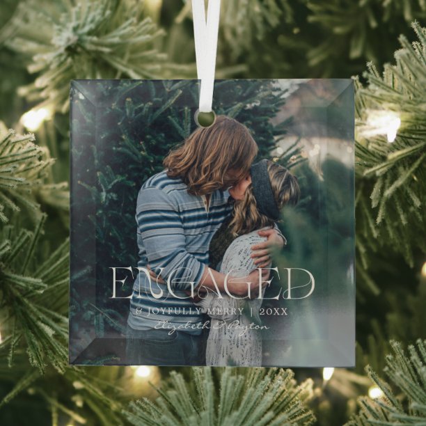 Simple Modern Elegant Engaged Photo Christmas Glass Ornament