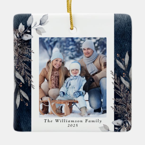 Tan & Gray Winter Foliage Photo Christmas Blue Ceramic Ornament