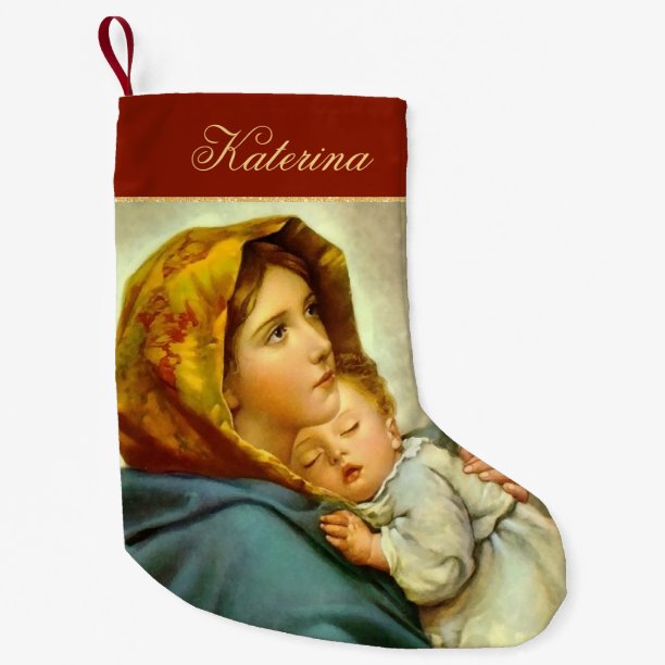 Traditional Red & Gold Madonna and Child Religious Small Christmas Stocking