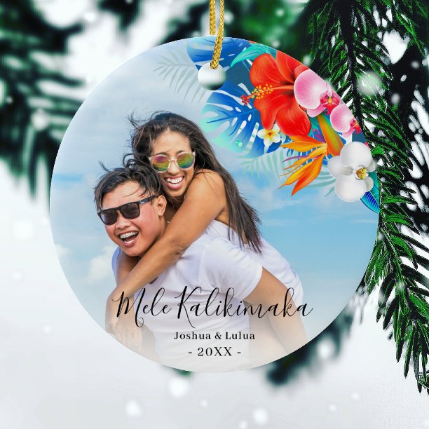 Tropical Flower Mele Kalikimaka Christmas Photo Ceramic Ornament