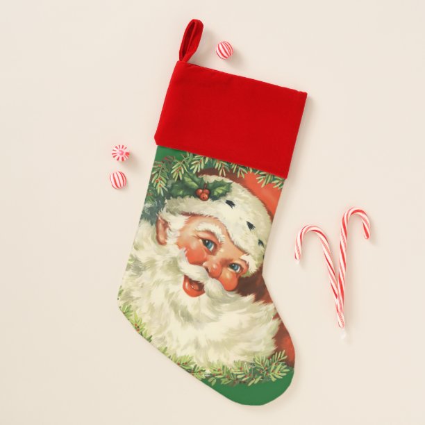 Vintage Santa Claus with Pine Wreath Christmas Stocking