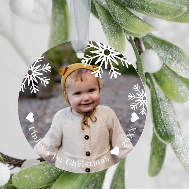 White Snowflakes Baby's First Christmas Photo Ceramic Ornament