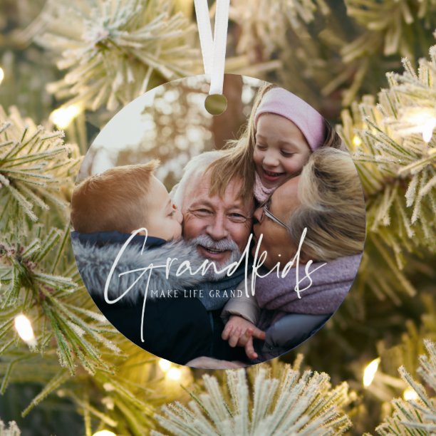 White Text Grandkids Make Life Grand Photo Ornam Metal Ornament