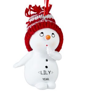 Personalized Snowman Wearing Knitted Hat Hand At Mouth 3-D Ornament
