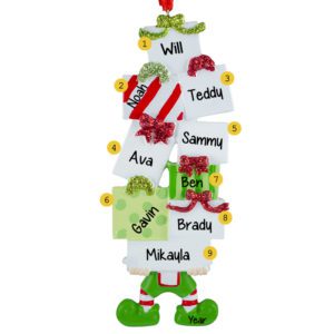 Elf Holding Gift Packages With 9 Names Ornament