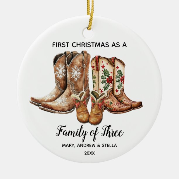 1st Christmas as a Family of Three Cowboy Keepsake Ceramic Ornament