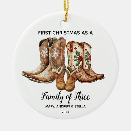 1st Christmas as a Family of Three Cowboy Keepsake Ceramic Ornament