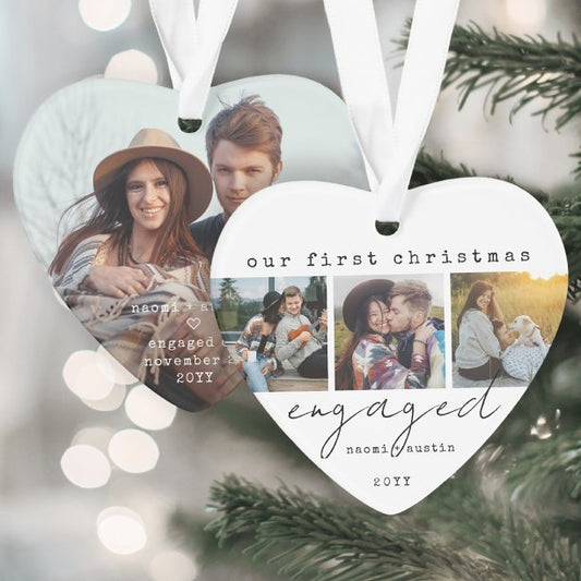 1st Christmas Engaged Minimal Unique 4 Photo Heart Ornament