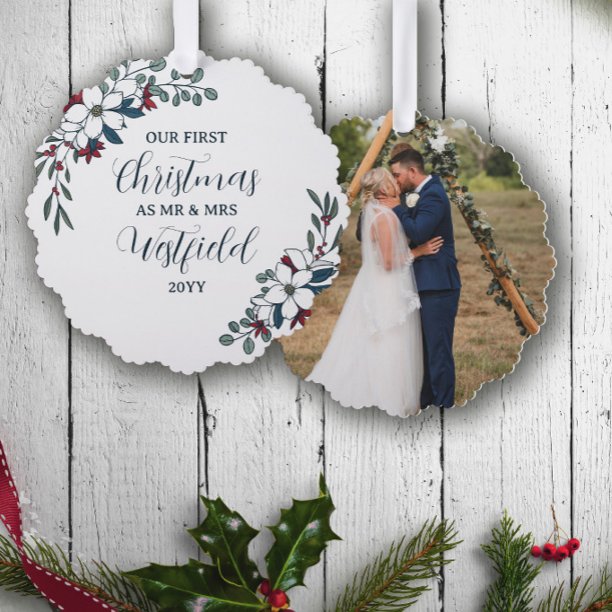 1st Christmas Married Beautiful Florals Ornament Card