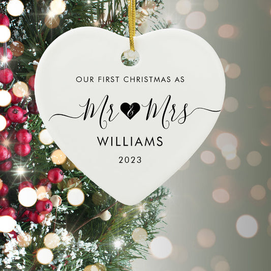 1st Christmas Married Mr Mrs Simple Heart Photo Ceramic Ornament