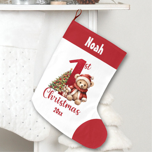 1st Christmas Teddy Bear Baby Boy Red Name Large Christmas Stocking