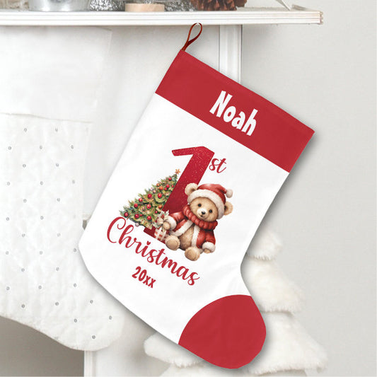 1st Christmas Teddy Bear Baby Boy Red Name Large Christmas Stocking