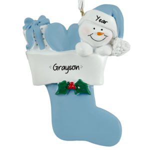 Personalized Little BOY Snowman In Stocking Ornament BLUE