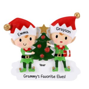 Two Cute Grandchildren Elves Decorating Trees Glittered Ornament