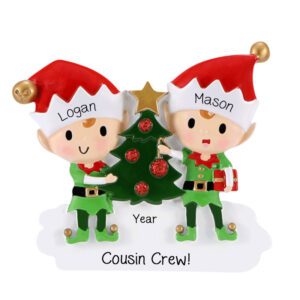 Personalized Two Cute Cousin Elves Decorating Trees Glittered Ornament