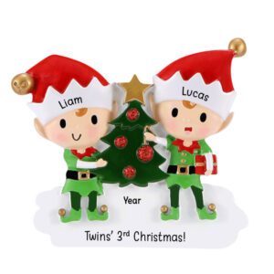 Twins’ 3rd Christmas Glittered Elves Personalized Ornament