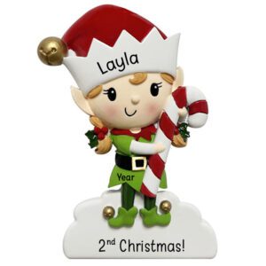 Baby GIRL’S 2nd Christmas Elf Holding CANDY CANE Personalized Ornament
