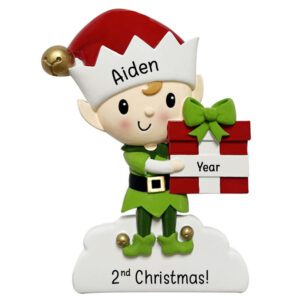 BOY’s 2nd Christmas Elf Holding GIFT Personalized Ornament