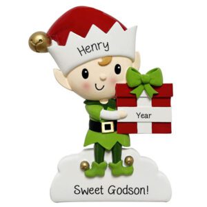 Personalized Sweet Godson Elf Holding GIFT Ornament