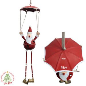 Personalized Parachuting SANTA Bell Ornament – Spring-Loaded Metal Design