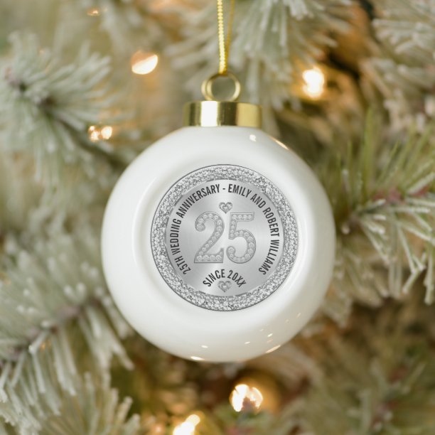 25th Wedding Anniversary Gold White Diamonds Ceramic Ball Christmas Ornament