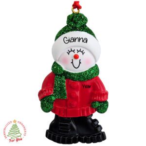 Snow GIRL Wearing GREEN Scarf And Hat Glittered Ornament EYELASHES