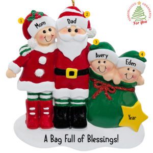 Family Of 4 Santa And Mrs. Claus Personalized Ornament