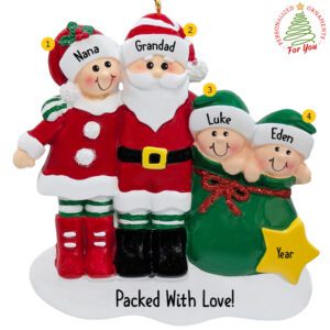 Grandparents With 2 Grandkids Santa And Mrs. Claus Personalized Ornament