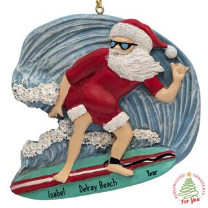 Personalized Santa Surfing On Glittered Wave Ornament