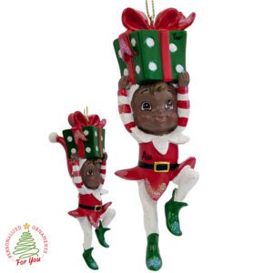 Personalized African American Elf Child Holding GIFT Ornament