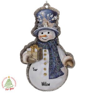 Personalized Wooden Snowman Ornament Holding GIFT – Rustic Christmas Keepsake