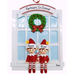 Personalized Two Cute Elves Glittered Window Keepsake Ornament