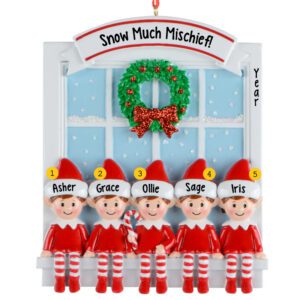 Personalized Group Of 5 Elves Glittered Window Keepsake Ornament