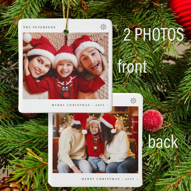2 family photos simple Christmas minimal fun Ceramic Ornament