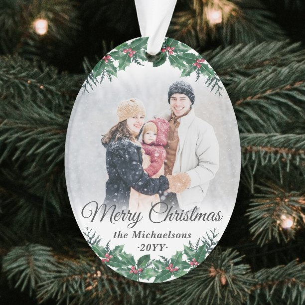 2 Photo Elegant Holly Greenery Merry Christmas Ornament