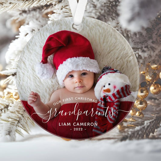 2-Photo Grandparents First Christmas White Script Ornament