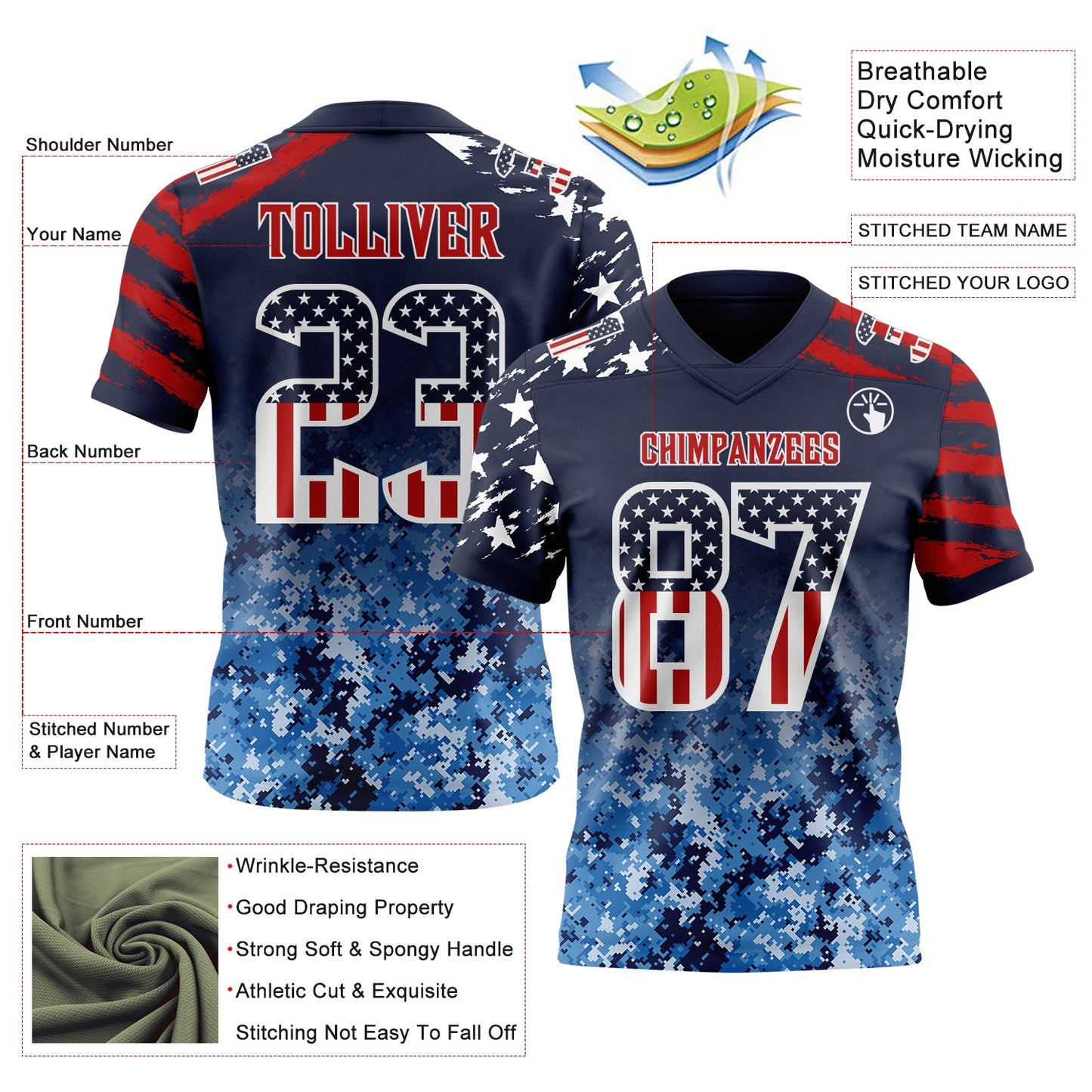 Custom Navy USA Flag Camo White-Red Authentic Gradient Digital Camouflage Stars & Stripes Raglan Sleeves Football Jersey